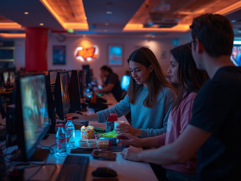 Young players gaming together in the bright party zone